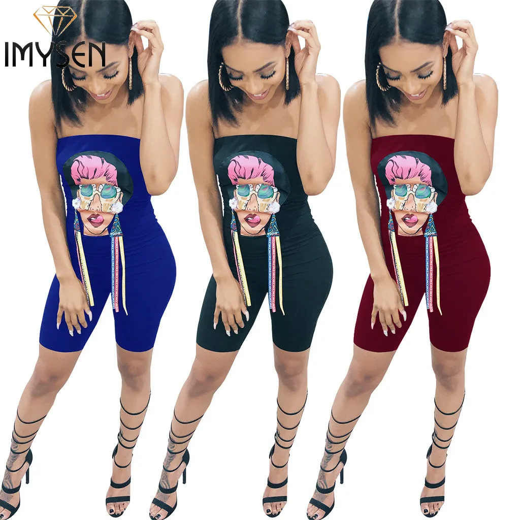 IMYSEN Летняя мода без бретелек Обёрточная бумага Playsuit Для женщин мультфильм шик
