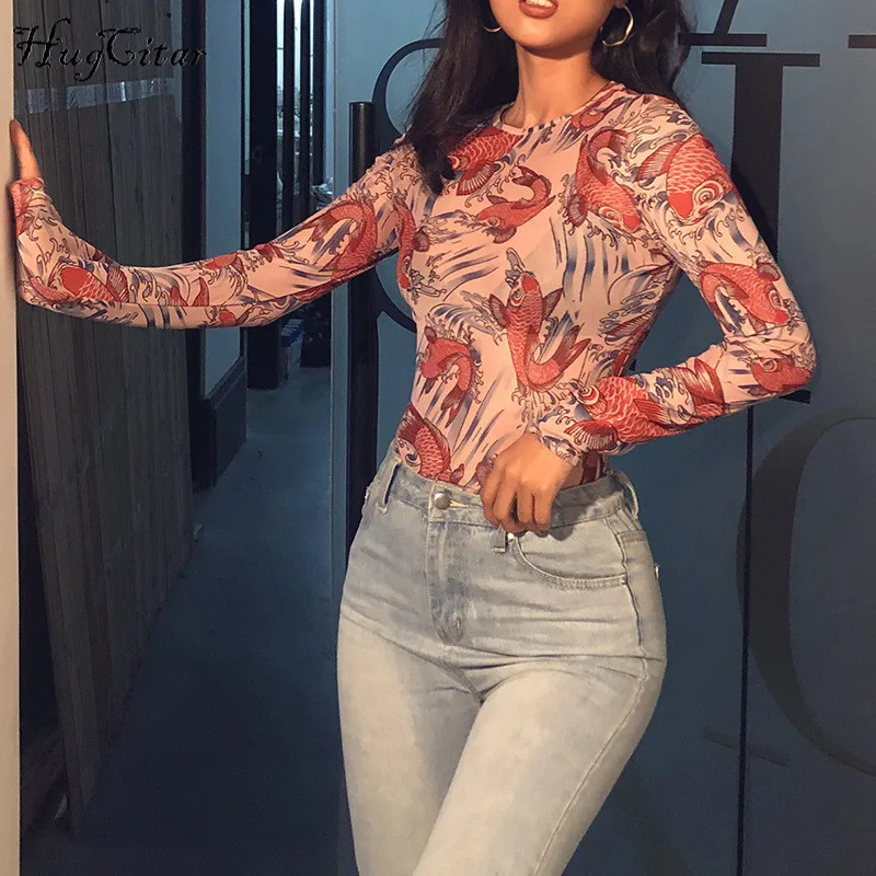 Hugcitar س الرقبة الأسماك طباعة شبكة انظر من خلال bodycon مثير ارتداءها 2019 الربيع النساء جديد أزياء حزب نادي الشارع الشهير الجسم