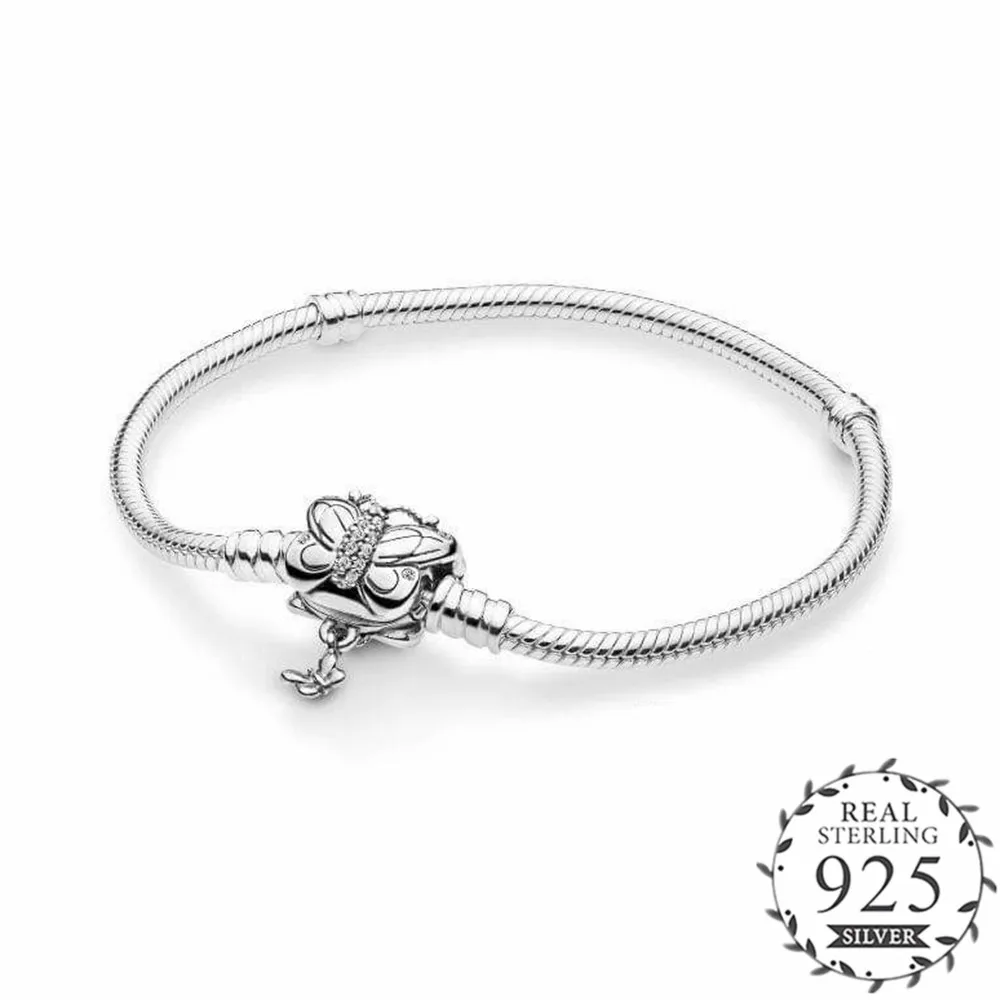 

2019 Spring Moments Silver Bracelet with Decorative Butterfly Clasp fit all Original Pan Charms Beads Women Snake Chain Bracelet