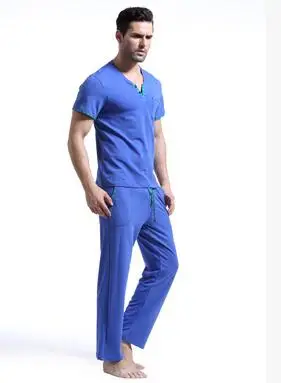 WANGJIANG модный лоскутный Мужской комплект для отдыха, Хлопковая пижама, пижамный комплект со штанами - Цвет: BLUE