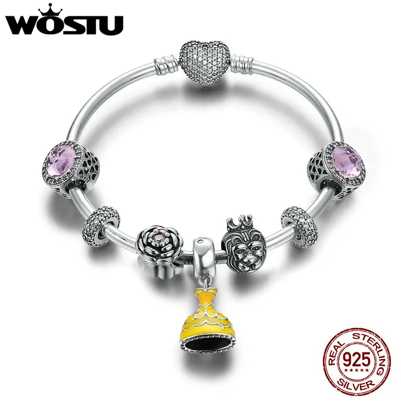 

WOSTU Hot Sale 100% 925 Sterling Silver Beauty and the Beast Charms Beads Bangles & Bracelet Luxury Jewelry Original Gift FLB008