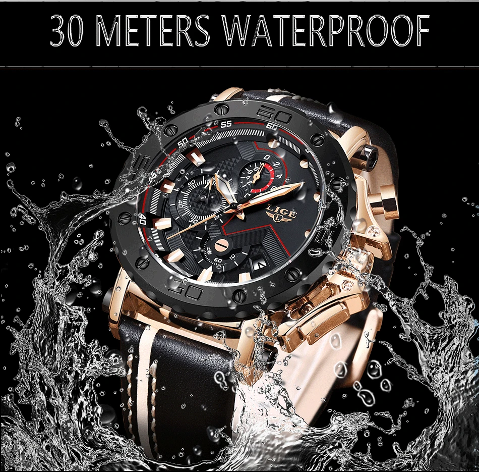 2019LIGE New Fashion Mens Watches Top Brand Luxury Big Dial Military Quartz Watch Leather Waterproof Sport Chronograph Watch Men 4