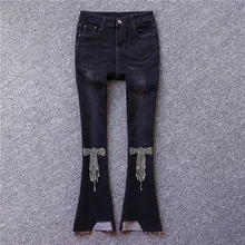 Бисероплетение бриллиантами лук Нерегулярные тонкие расклешенные джинсы, женские расклешенные брюки