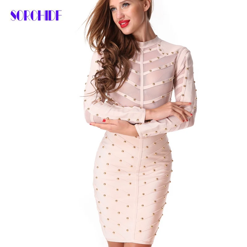 SORCHIDF Bandage Bodycon Punk style tight summer Women Dress Long Sleeve mesh casual Party Dresses For Female | Женская одежда