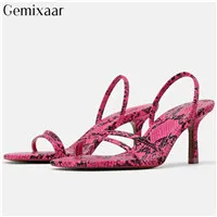 

Sexy Snakeskin Narrow Band Candy Color Women Sandals Round Open Toe Thin High Heel Sandalias Concise Thin Strap Sandals Woman