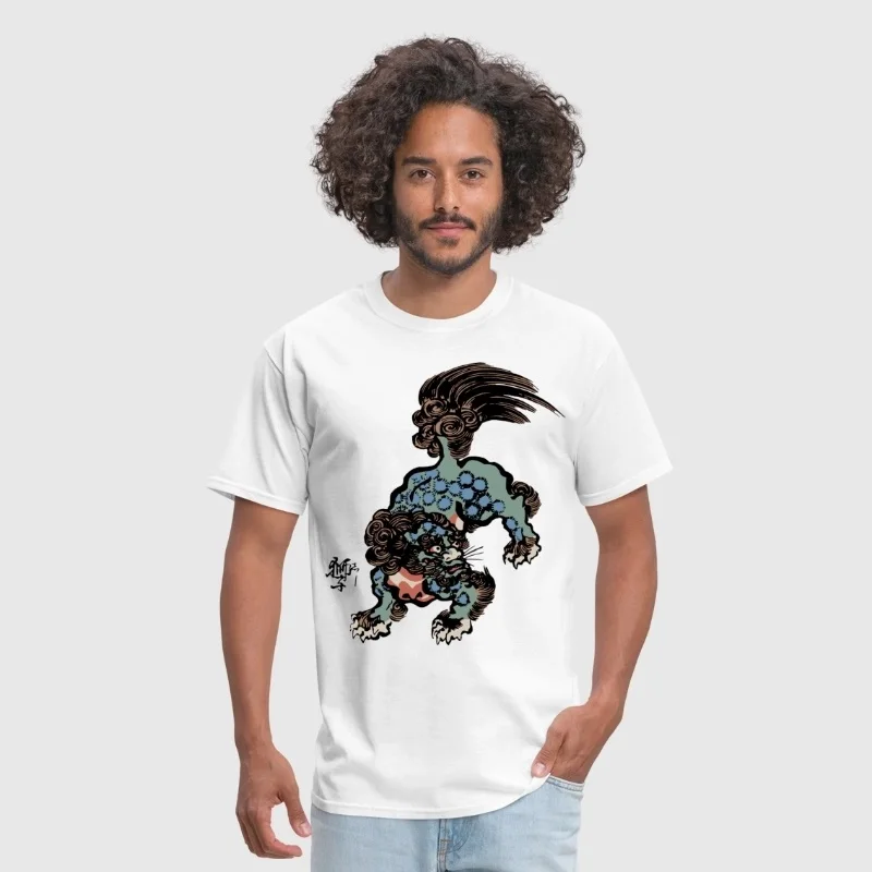 Japanese Art Design Customized Print Handmade Oriental calligraphy Monster Lions Tiger Animals Chinese Culture Novelty T-Shirt | Мужская
