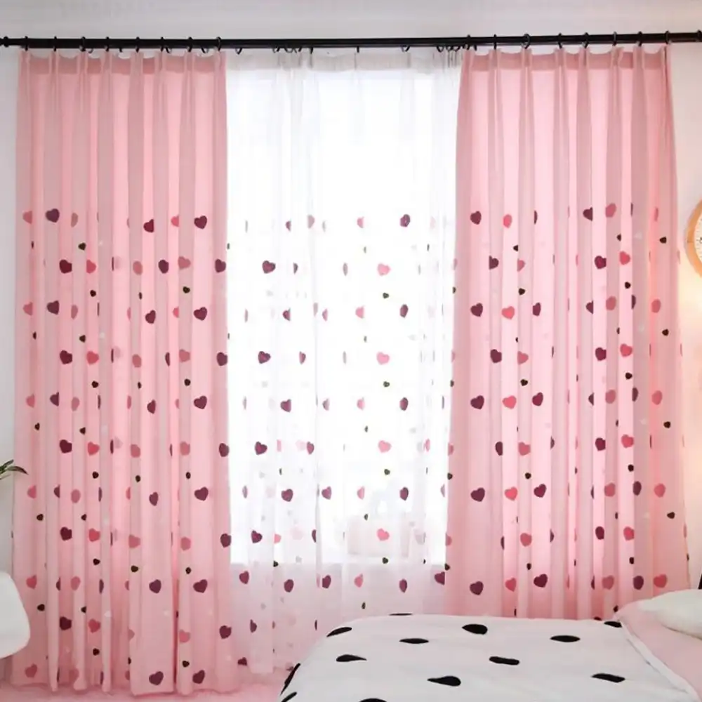Heart Shape Embroidered Semi Blackout Pink Curtains For Kids Girls