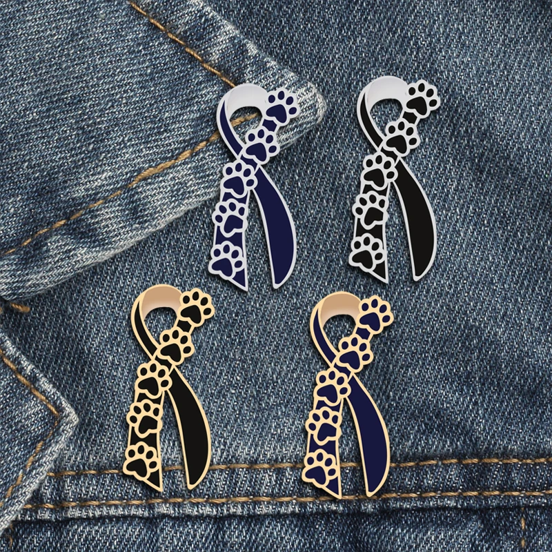 

New Cartoon Cat Paw Print Ribbon Brooches Black Dark Blue Animal Footprint Brooch Pin Women Men Jewelry Clothes Accessories Gift