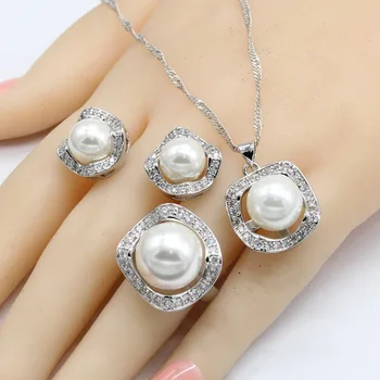 

White Freshwater Pearl Silver Color Jewelry Sets For Women Necklace Pendant Stud Earrings Rings Free Gift Box