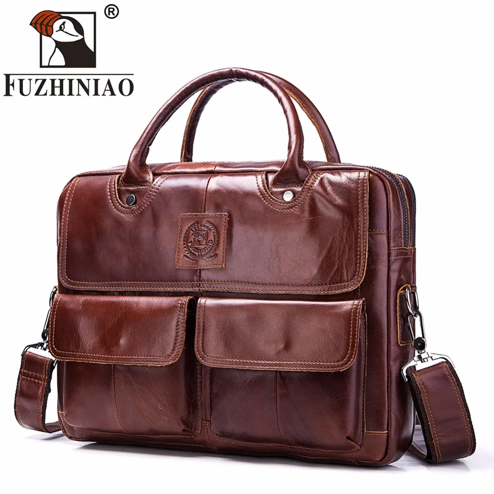 

FUZHINIAO Genuine Cow Leather Briefcases Zipper Design Men Business Fashion Messenger Bags Soft Handle Computer Shoulder Bag