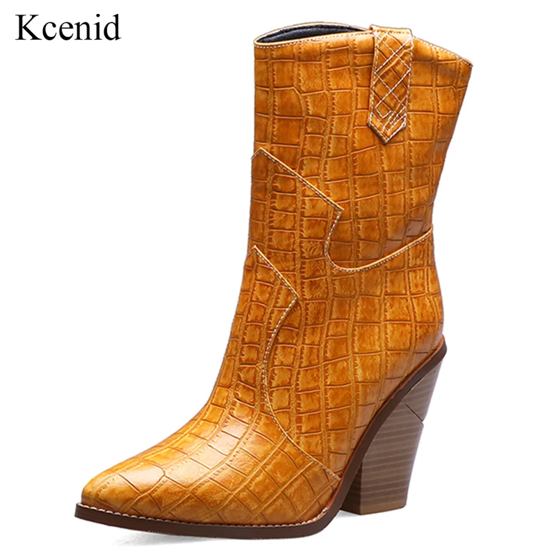 

Kcenid Plus size 34-44 winter mid-calf boots woman shoes pointed toe cowboy boots chunky high heel western cowgirl boots 2019