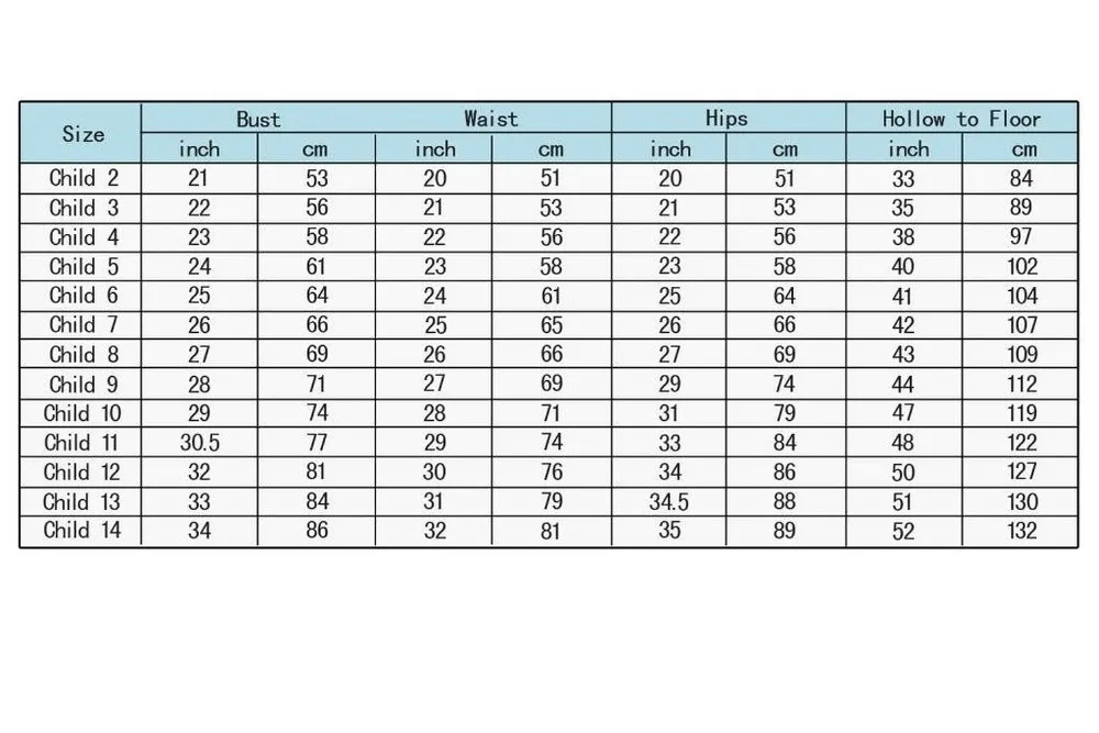 girls size chart