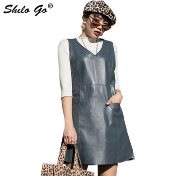 

Elegant Leather Dress Women Summer V Neck Sleeveless Side Pocket Sheepskin Genuine Leather A Line Dress Casual Female Dress