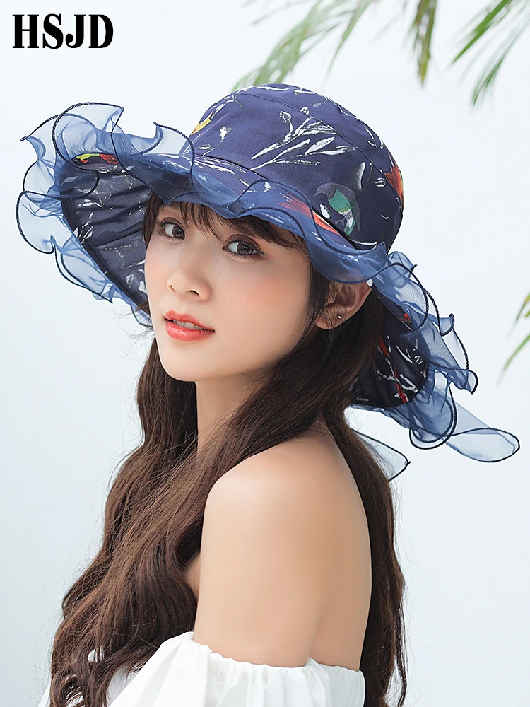 

Fashion Summer Flower Bird Organza Sun Hats For Women Large Wide Brim Elegant Laides Lace Anti-UV Beach Hats Bowknot Female Cap