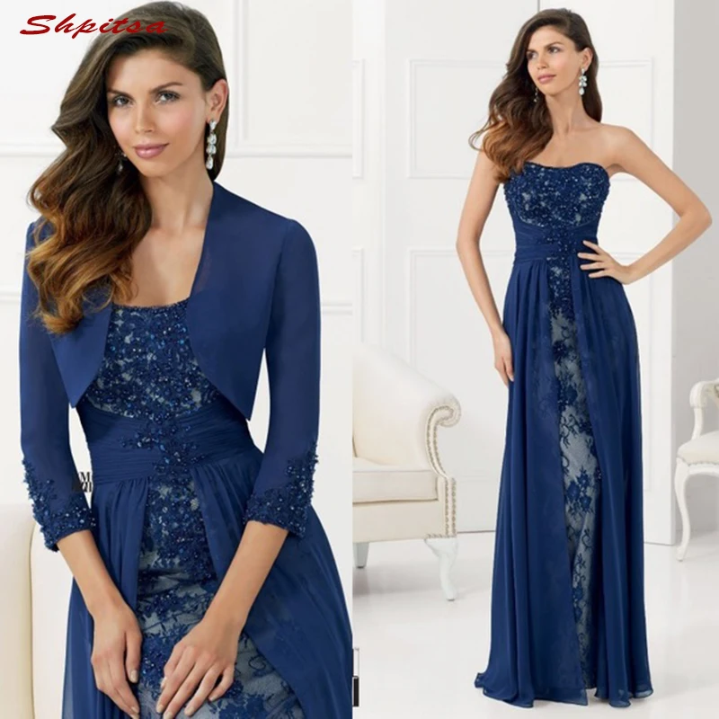 US $155.00 Navy Blue Mother of the Bride Dresses for Weddings Lace With Jacket Evening Prom Groom Godmother Dresses