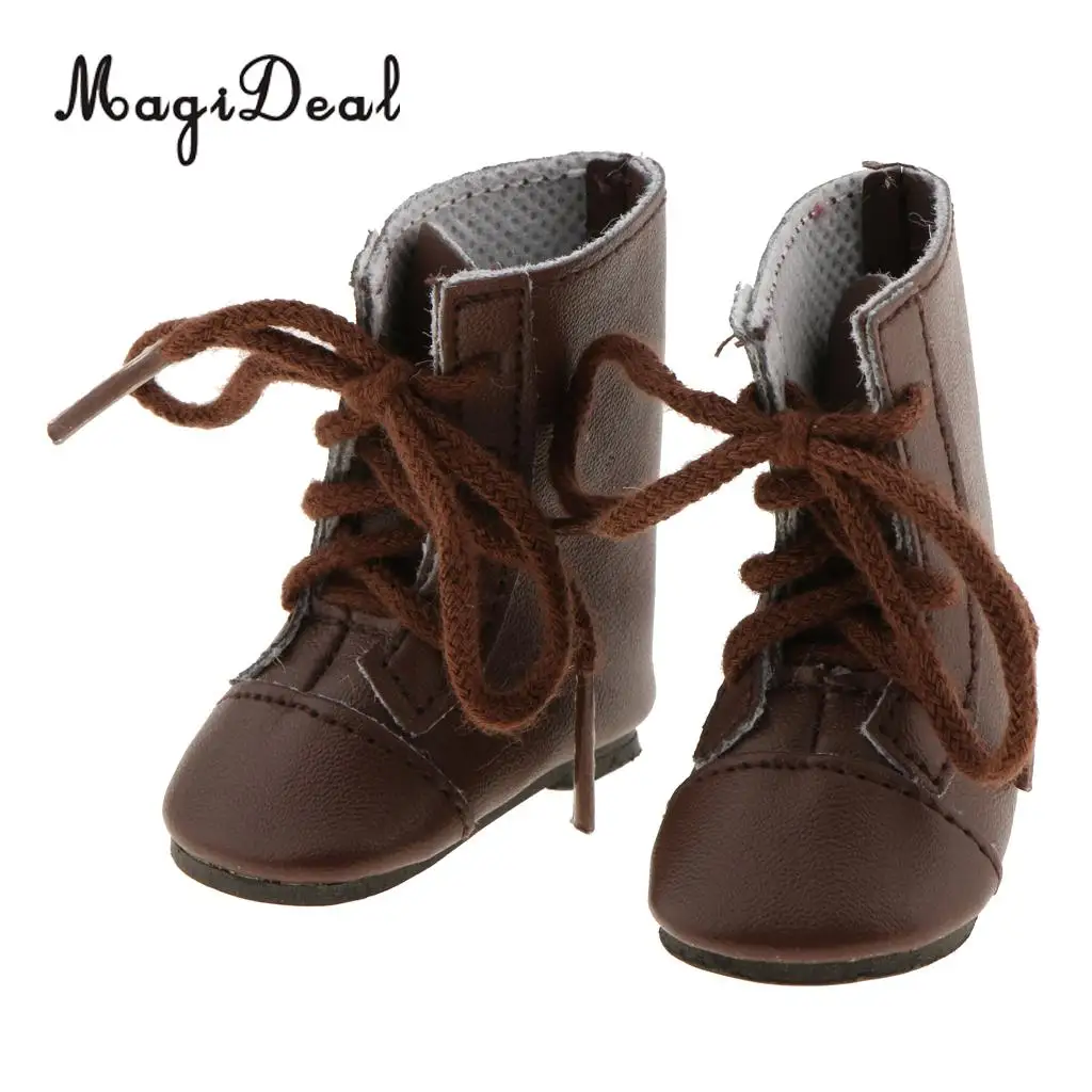 1Pair PU Leather Handmade Shoes Lace Up Combat Boots for 14 Inch   Doll Outdoor Indoor Clothing Accs