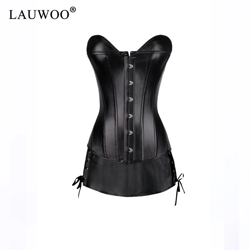 LAUWOO искусственной кожи Overbust Корсет + юбка из Танцовщица Костюм Bodyshaper белье