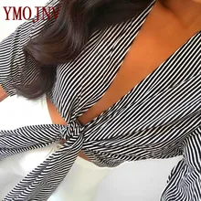 YMOJNV Sexy V Neck Shirts 2017 Summer New Fashion Black White Stripe Cotton Half Flare Sleeve Women Bow Straps Blouse Female