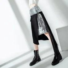 Модные акценты серебряные блестки сшивание поддельные две части асимметричной юбки