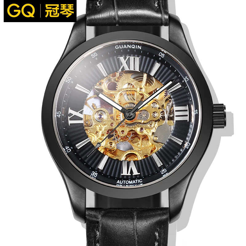 GUANQIN watches Top brand luxury skeleton clock men's watch mechanical luminous waterproof  sapphire  leather strap wristwatches