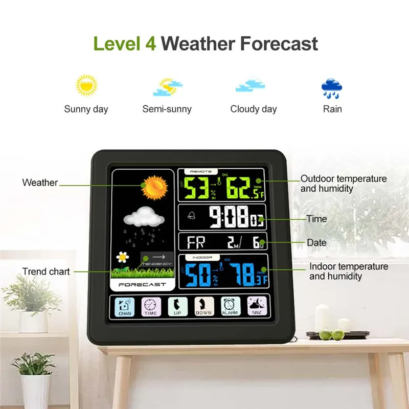 

Wireless Weather Station Digital Thermometer Hygrometer Indoor Outdoor Forecast Temperature Wall Desk Alarm Clock with Sensor