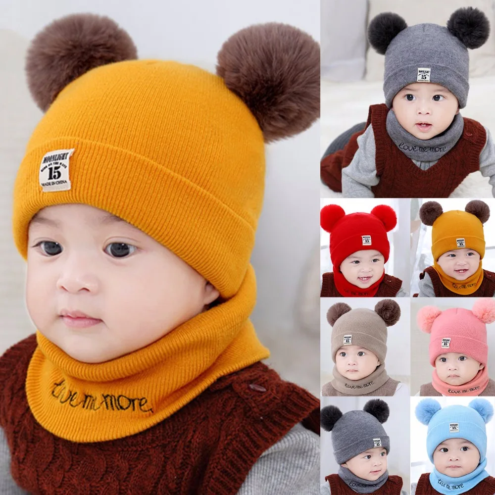 

Winter Warm Children Hats Set Kid Double Fur Pom Pom Beanie Wool Knitted Hat For Baby Boys Girls Toddler Crochet Beanies Scarves