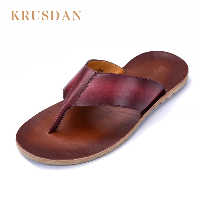 

2020 Brand Summer Beach Flip Flops Men Genuine leather Slippers Male Flats Sandals outdoor Rubber Thong Beach Shoes Men