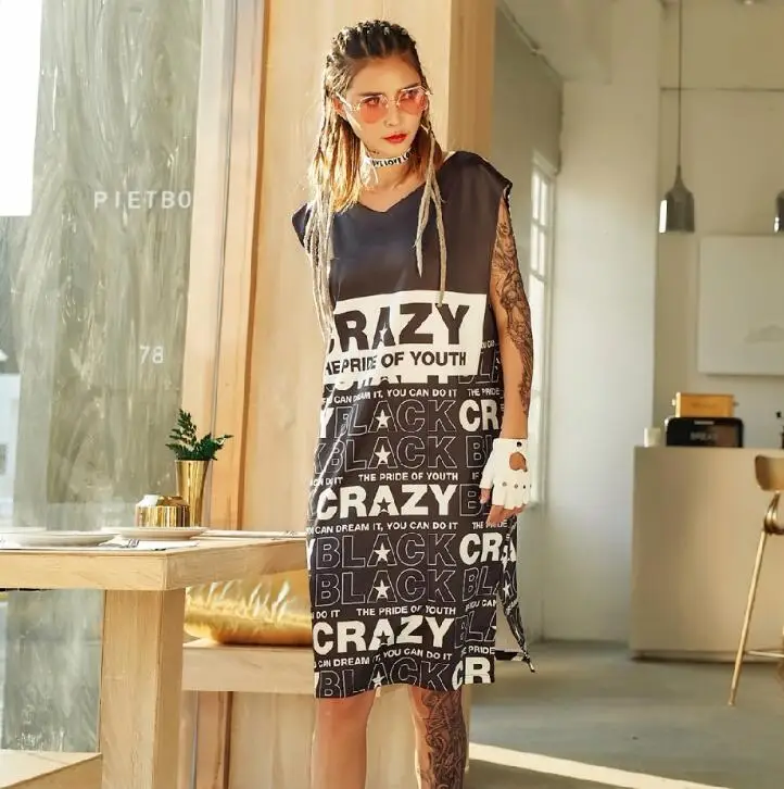 

2019 New Pre-Sale Sexy V Neck Letter Dresses For Women BLack CRAZY Hip Hop Straight Sleeveless Long T Shirts Dress Streetwear