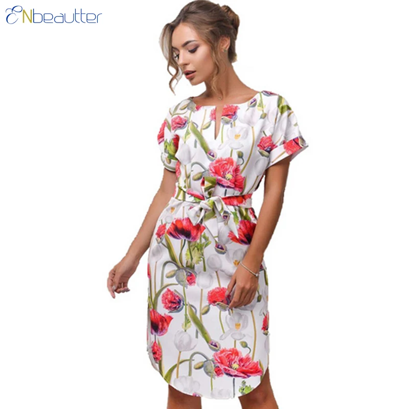 

ENbeautter Summer Women Dress Print Asymmetrical Hem Side Split Knee-Length Dress With Belt Short Sleeve O-Neck Fashion Dresses