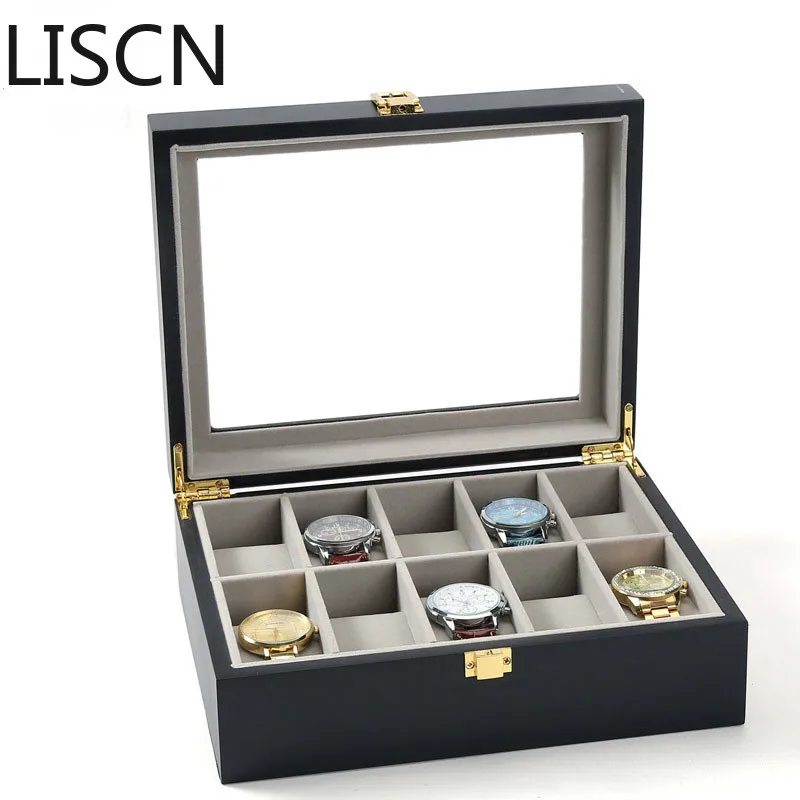 

Wood Storage Organizer 10 Slots Watch Box Cherry Watch Display Case Large Glass Top Collection Cabinet With Metal Buckle Gifts