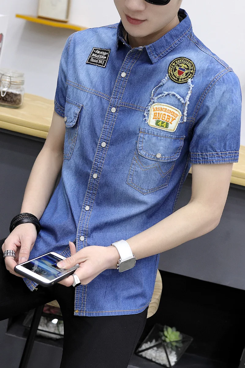 Новая летняя Горячая Распродажа бренд Мужская модная повседневная Высококачественная однотонная верхняя одежда с коротким рукавом мужская Тонкая джинсовая рубашка в Корейском стиле