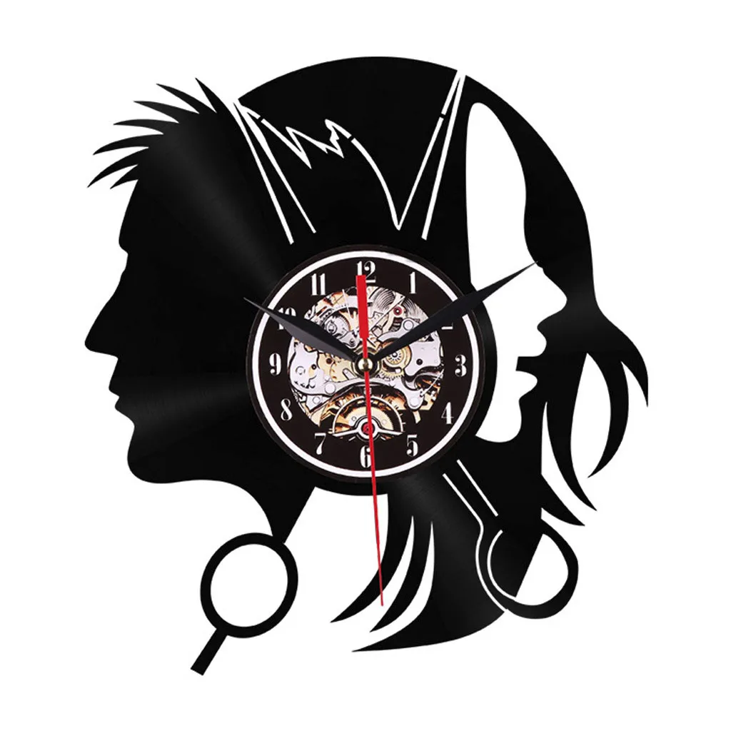 

Hair Beauty Salon Shop Business Logo Wall Clock Hair Dressers Salon Stylish Hair Scissors Haircut Barber Vinyl Record Wall Clock