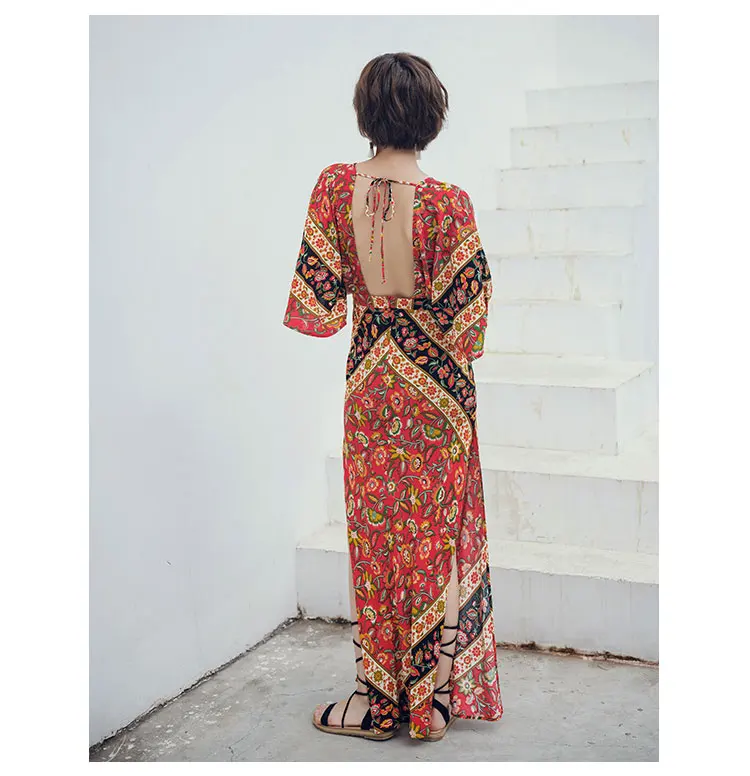 Богемное пляжное женское платье весна лето длинное платье с принтом Boho Макси платья с v-образным вырезом и v-образным вырезом