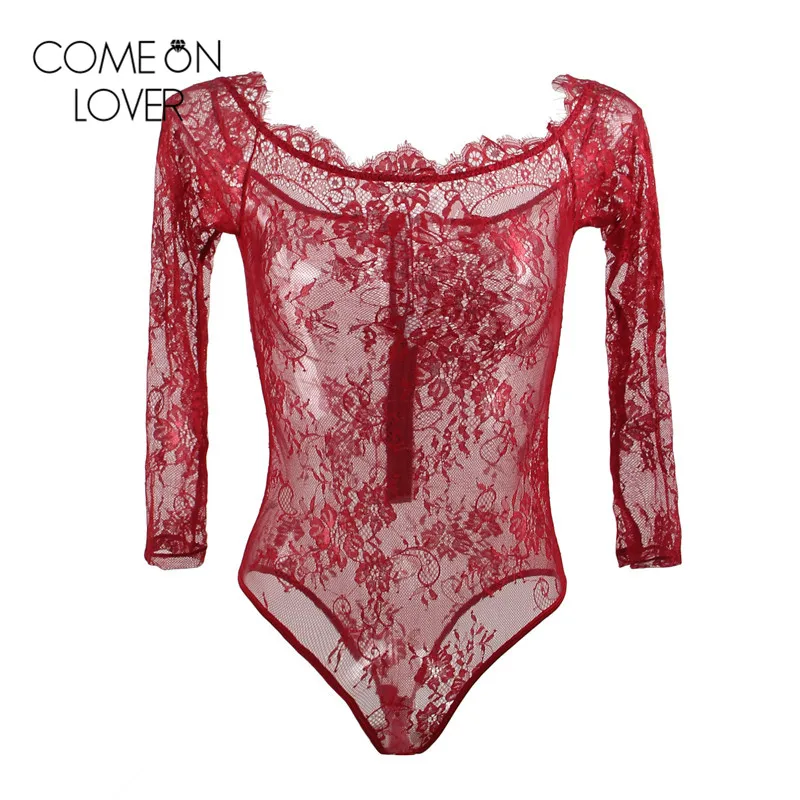 

Comeonlover Slash neck transparent lace bodysuit women sexy plus size long sleeve ladies rompers body negro mujer teddy RE80549