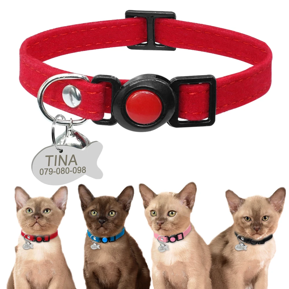 

Quick Release Cat Collar Soft Personalized Puppy Collars with ID Tag Suede Cats Kitten Collars for Small Pet Pink Red Blue Black