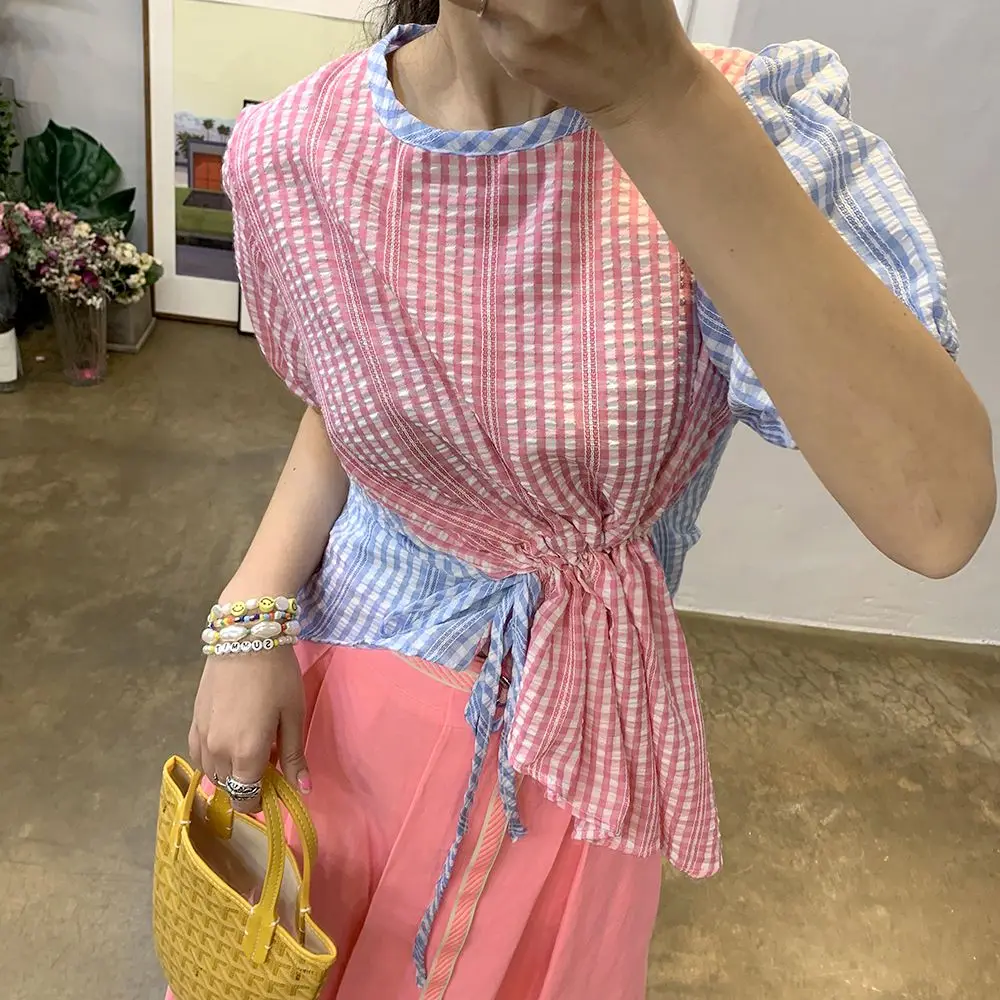 

New Women Shirts Puff Short Sleeve Patchwork Plaid Bump Color Rope Asymmetric Fold Blouse Shirt Pink Blue 7721