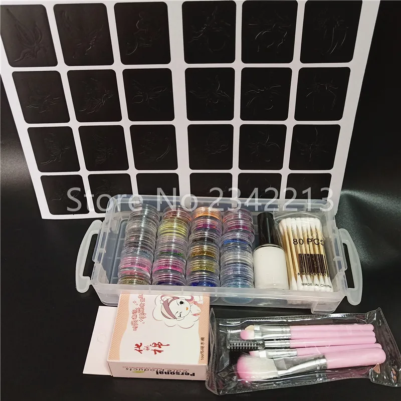 24 Colors Powder Temporary Diamond Glitter 1 Glue 5 Brushes 120 Hollow Template 1 Cotton Swab For Tattoo Kids Face Beauty Art 24 Colors Powder Temporary Diamond Glitter 1 Glue 5 Brushes 120 Hollow Template 1 Cotton Swab For Tattoo Kids Face Beauty Art