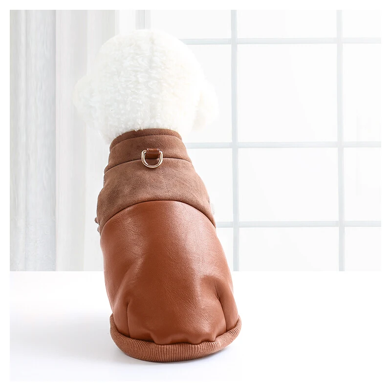 Simple fur stitching pu leather warm vest dog clothes for small dog pet