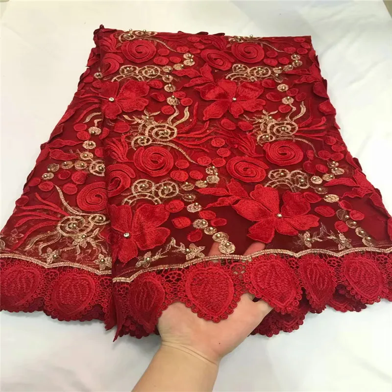 

2018 Nigerian Lace Latest African Lace 2018 Bridal Lace Fabric Red color African High Quality Rhinestones Lace Fabric 5Yards/Lot