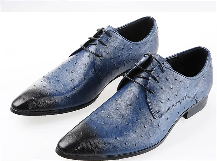 Fashion blue ostrich grain leather shoes European British business men's shoes pointed toe lace-up leather shoes black