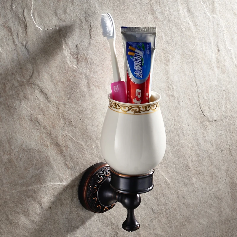 European Antique Black Bathroom Tumbler Holder With Ceramic Cup Wall