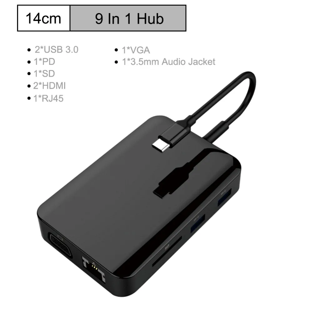 USB C концентратор 9 в 1 USB C адаптер концентратор для Ethernet HDMI концентратор данных/PD Зарядка 3 Usb 3,0 SD/TF кард-ридер/3,5 мм аудио 1 шт