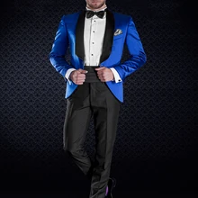 Индивидуальный костюм жениха для мужчин Электрический Блестящий атласный синий смокинг куртка с черными штанами на заказ 4 цвета(куртка+ брюки