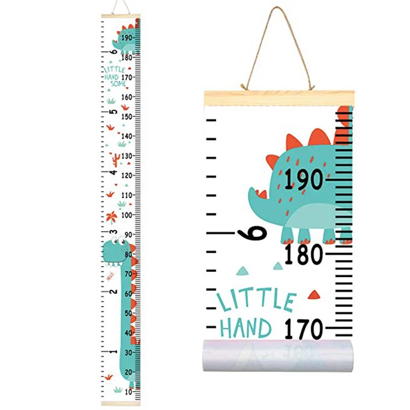 

Kids Dinosaur Growth Chart Baby Roll-up Wood Frame Canvas Removable Wall Hanging Height Ruler Wall Art Decor for Nursery Room