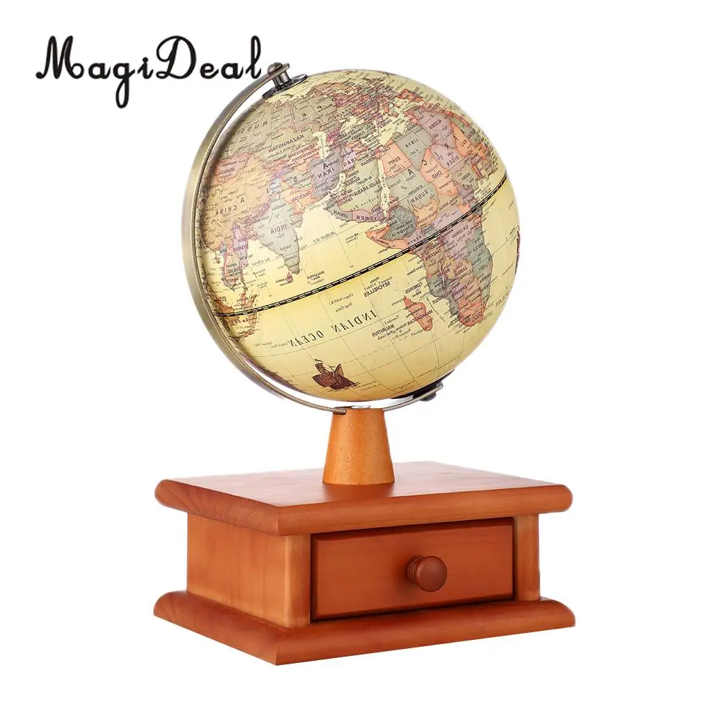 Vintage Wooden Base World Map Globe Decorative Desktop Rotating Geography Globe Educational Gifts