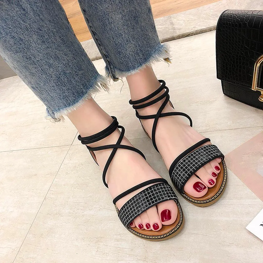 

2019 Ladies Sandals Shoes Women Bright Diamond Luxury Sandals Ankle Shoes Open Toe Casual Beach Sandals Hot New Zapatos De Mujer