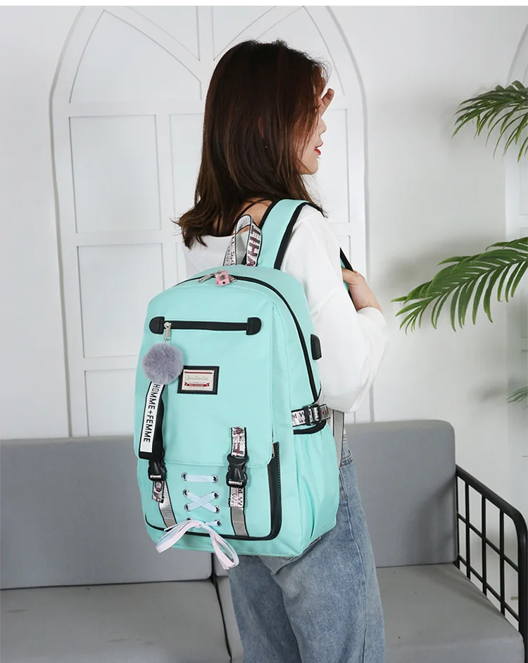 Зеленый Рюкзак, женские школьные сумки для девочек-подростков, консервативный стиль, большой емкости, USB, розовый рюкзак, молодежный рюкзак