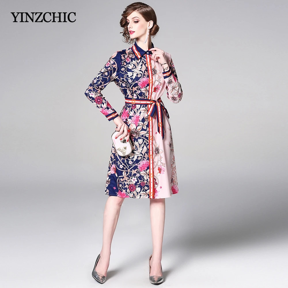 

Spring Printed Womans Loose Dress Turn-down Collar Floral Mid Dress for Woman Sash Waisted Shirt Dress Female Casual Dresses