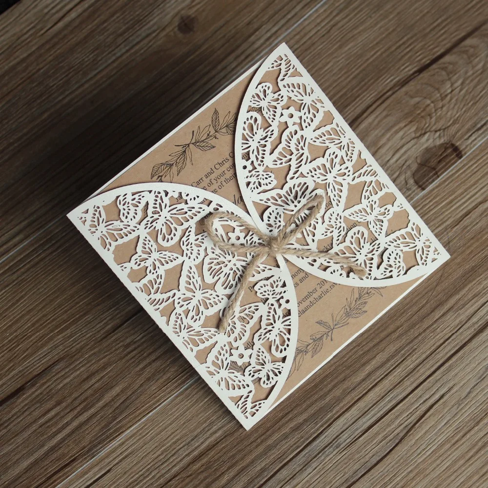  Rustic Wedding Invitation Butterfly Invitation Card With Hemp rope Customized wording - Set of 50 - 32889309183