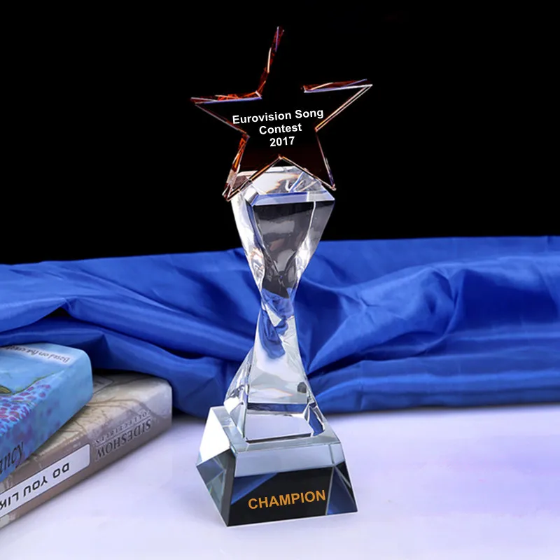 

CTPS0023 New Customized Crystal Trophy Engraved Logo Or Words Award Eurovision Song Contest Champion Awards Cup Sports Souvenirs